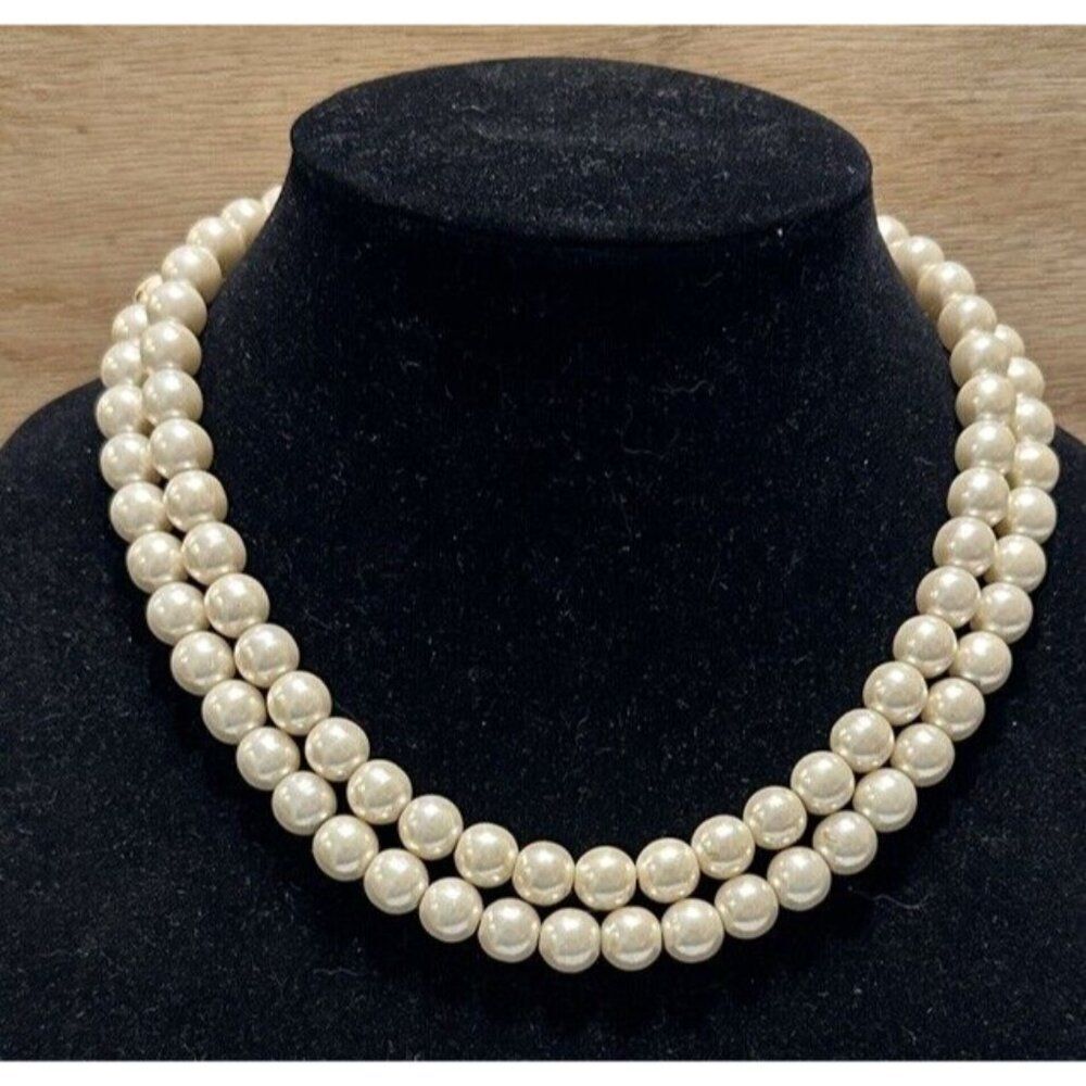 2 Strand Layered Faux Pearl Necklace Wedding Formal Beaded 17”